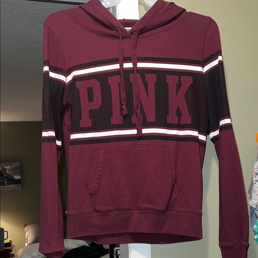 PINK Victoria's Secret Burgundy Hoodie with Stripes